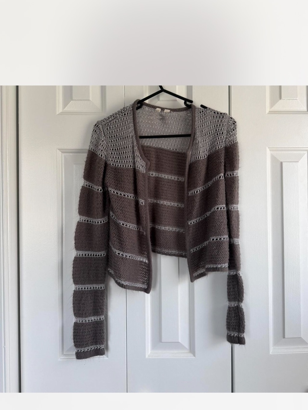 Frenchi Taupe and Light Gray Crochet Stripe Open Cardigan